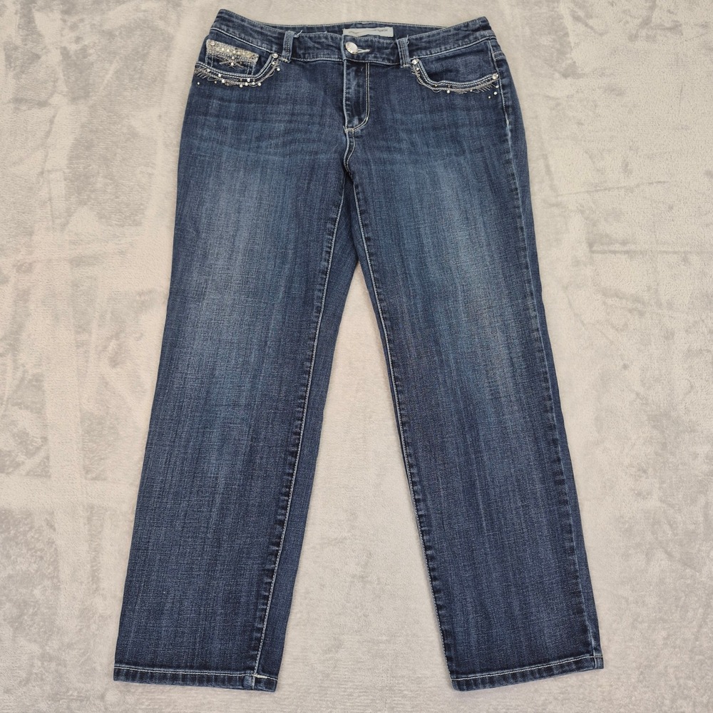 Chicos 0.5 (31) Platinum Denim Blue Straight Leg Embellished Rhinestone Jeans